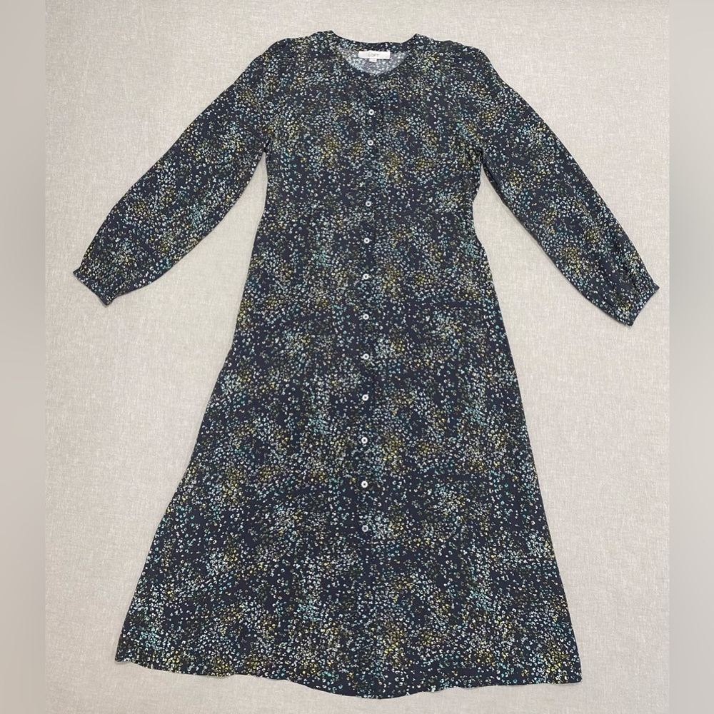 LOFT Multicolor Dotted Balloon Sleeve Midi Dress Button Front Shirtdress Sz 8